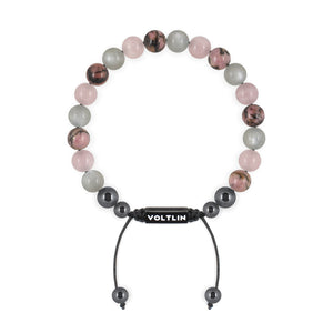 Top view of an 8mm Cancer Zodiac crystal beaded shamballa bracelet with black stainless steel logo bead made by Voltlin
