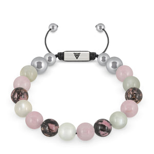 Front view of a 10mm Cancer Zodiac beaded shamballa bracelet featuring Moonstone, Rose Quartz, & Rhodonite crystal and silver stainless steel logo bead made by Voltlin