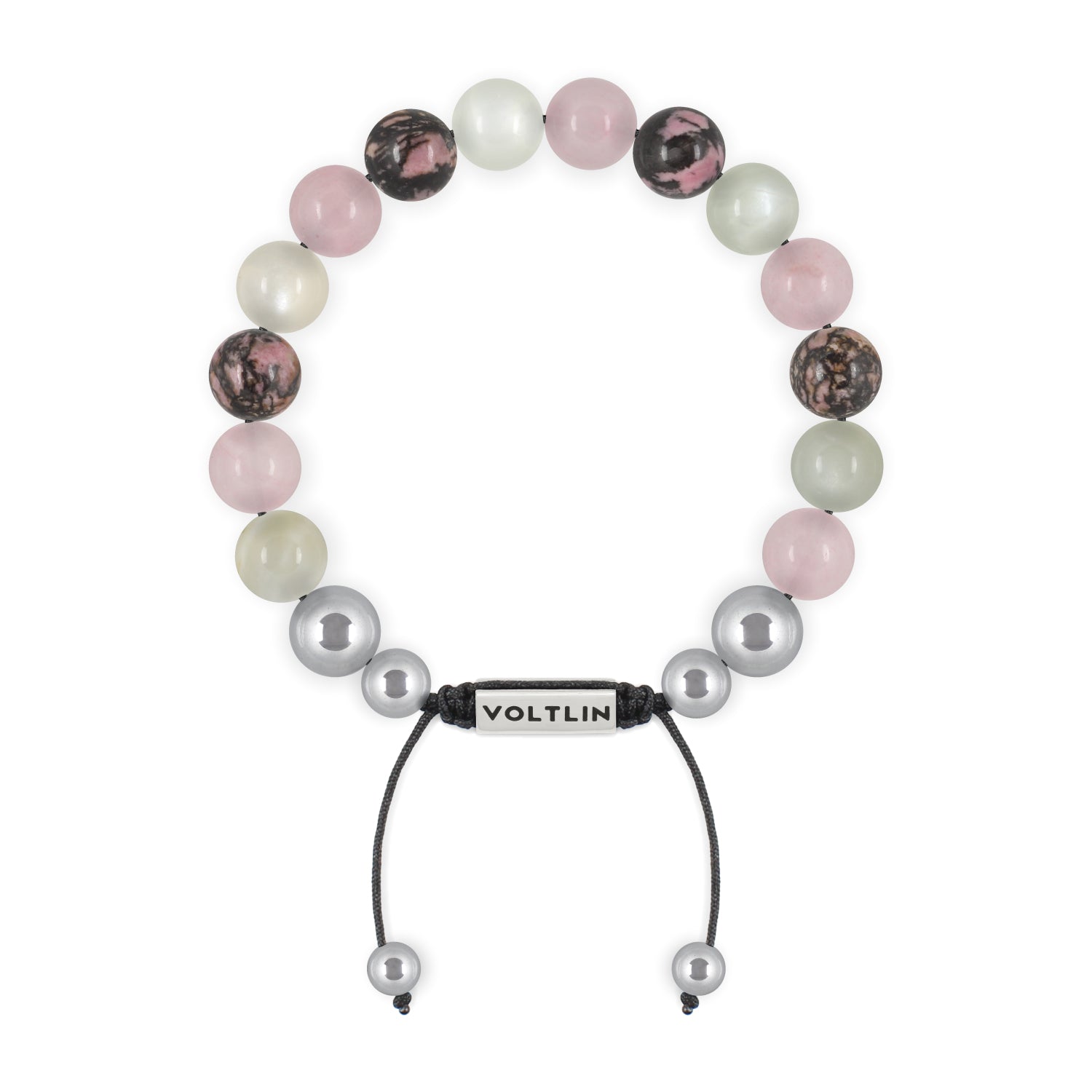 Top view of a 10mm Cancer Zodiac beaded shamballa bracelet featuring Moonstone, Rose Quartz, & Rhodonite crystal and silver stainless steel logo bead made by Voltlin