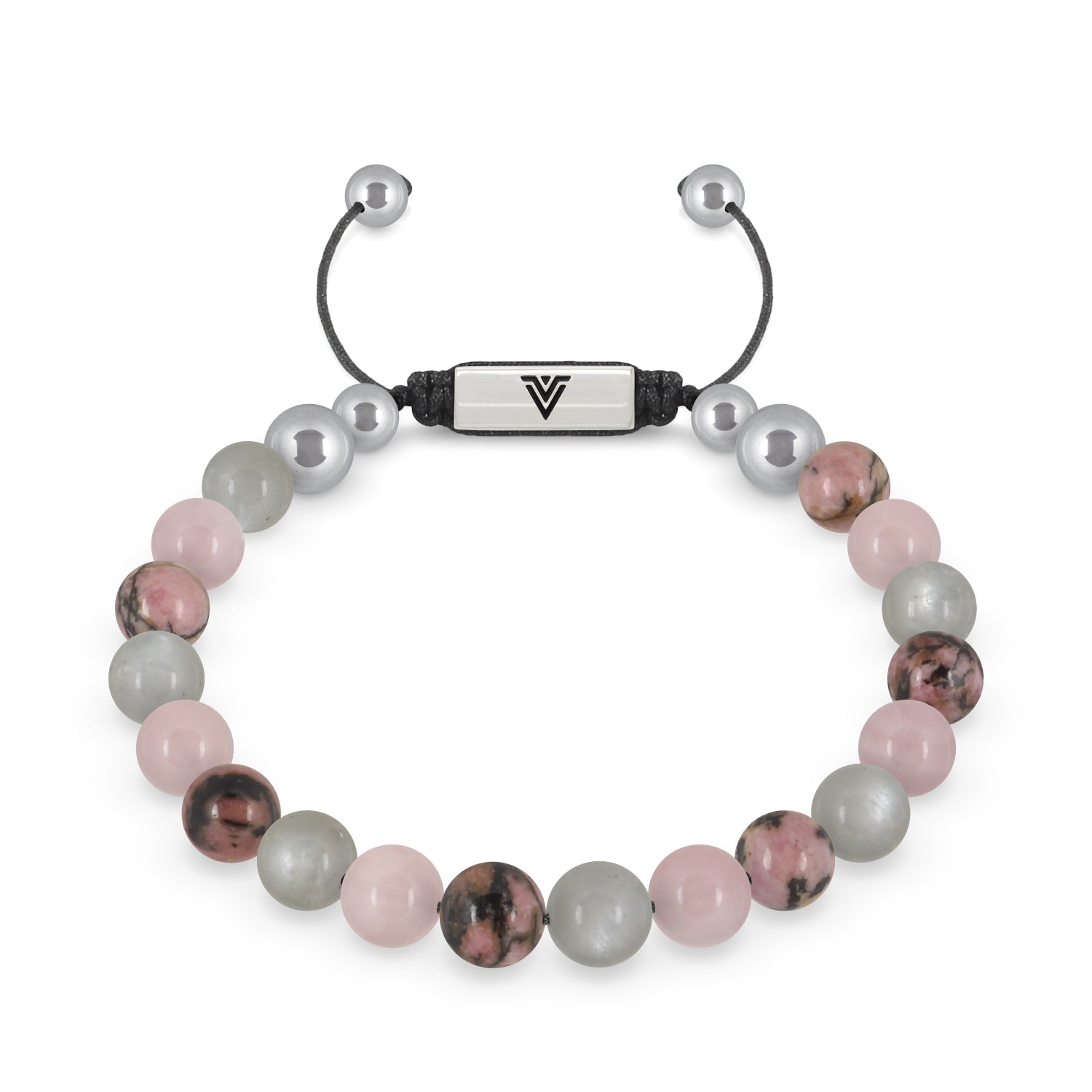 Front view of an 8mm Cancer Zodiac beaded shamballa bracelet featuring Moonstone, Rose Quartz, & Rhodonite crystal and silver stainless steel logo bead made by Voltlin