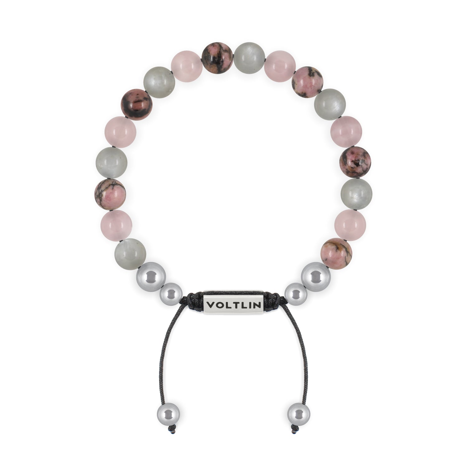 Front view of an 8mm Cancer Zodiac beaded shamballa bracelet featuring Moonstone, Rose Quartz, & Rhodonite crystal and silver stainless steel logo bead made by Voltlin