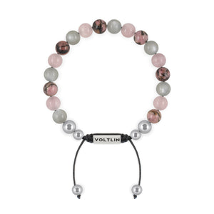 Top view of an 8mm Cancer Zodiac beaded shamballa bracelet featuring Moonstone, Rose Quartz, & Rhodonite crystal and silver stainless steel logo bead made by Voltlin