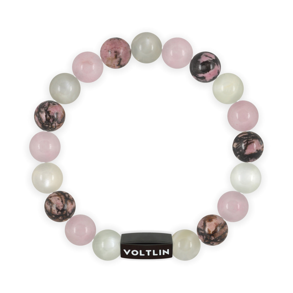 Top view of a 10mm Cancer Zodiac crystal beaded stretch bracelet with black stainless steel logo bead made by Voltlin