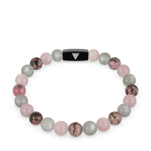 Front view of an 8mm Cancer Zodiac crystal beaded stretch bracelet with black stainless steel logo bead made by Voltlin