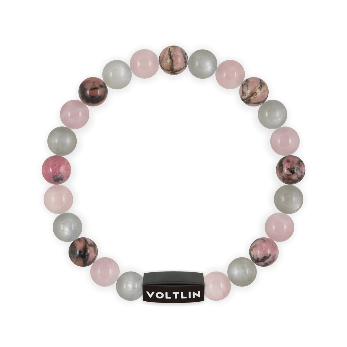 Top view of an 8mm Cancer Zodiac crystal beaded stretch bracelet with black stainless steel logo bead made by Voltlin