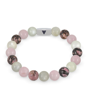 Front view of a 10mm Cancer Zodiac beaded stretch bracelet featuring Moonstone, Rose Quartz, & Rhodonite crystal and silver stainless steel logo bead made by Voltlin