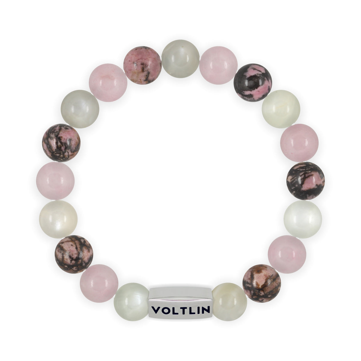 Top view of a 10mm Cancer Zodiac beaded stretch bracelet featuring Moonstone, Rose Quartz, & Rhodonite crystal and silver stainless steel logo bead made by Voltlin