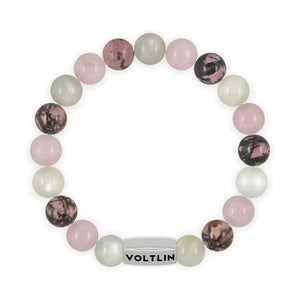 Top view of a 10mm Cancer Zodiac beaded stretch bracelet featuring Moonstone, Rose Quartz, & Rhodonite crystal and silver stainless steel logo bead made by Voltlin