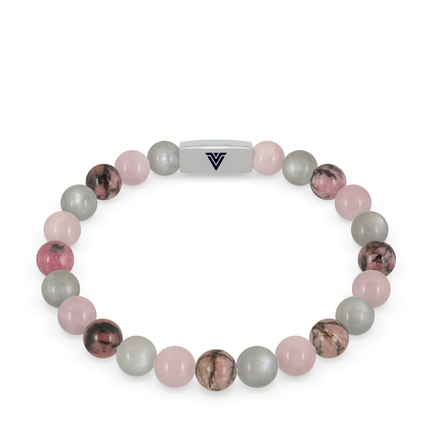Front view of an 8mm Cancer Zodiac beaded stretch bracelet featuring Moonstone, Rose Quartz, & Rhodonite crystal and silver stainless steel logo bead made by Voltlin