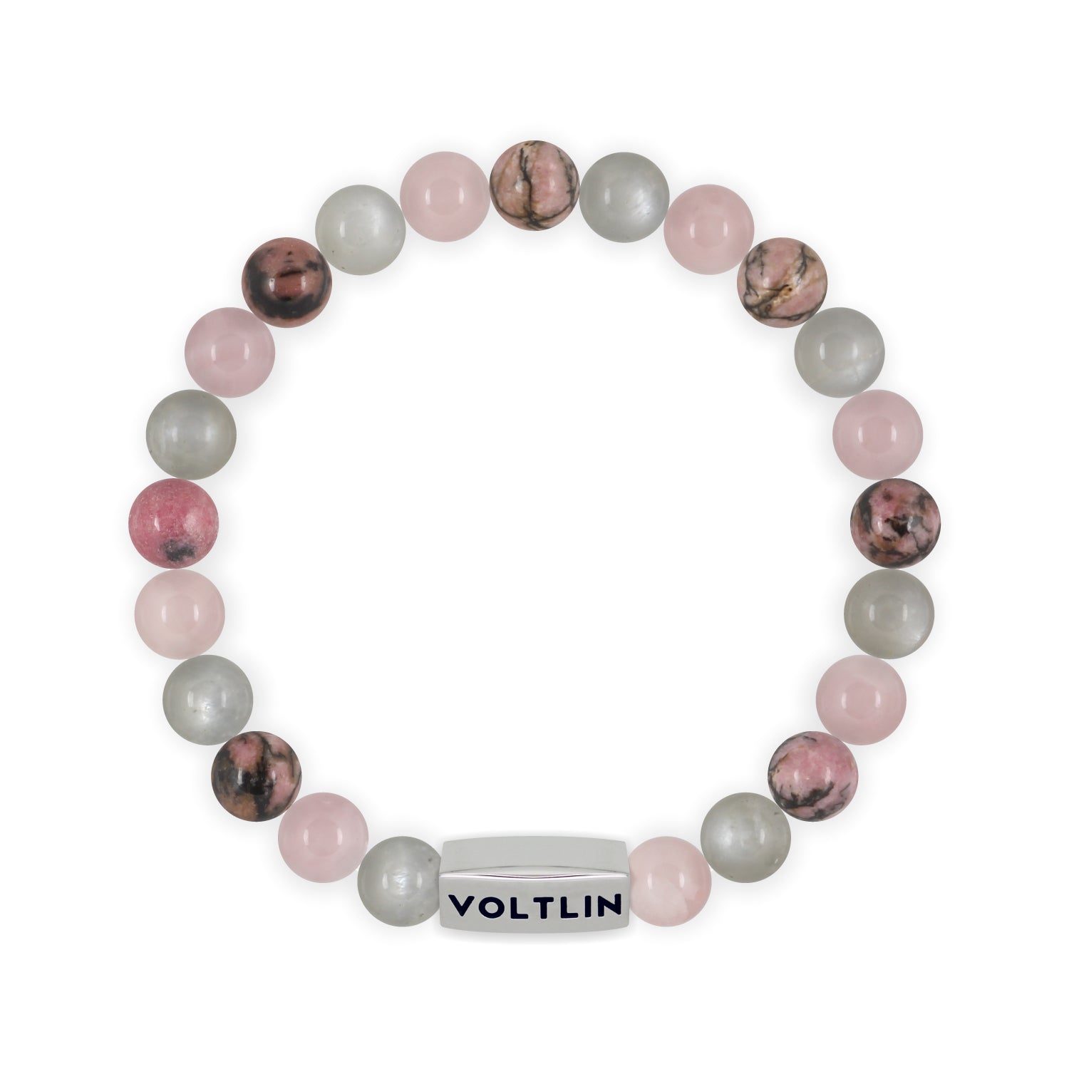 Front view of an 8mm Cancer Zodiac beaded stretch bracelet featuring Moonstone, Rose Quartz, & Rhodonite crystal and silver stainless steel logo bead made by Voltlin