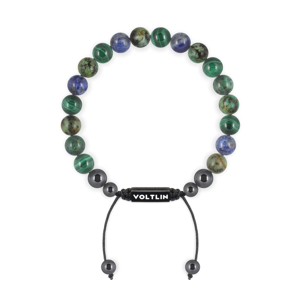 Top view of an 8mm Capricorn Zodiac crystal beaded shamballa bracelet with black stainless steel logo bead made by Voltlin