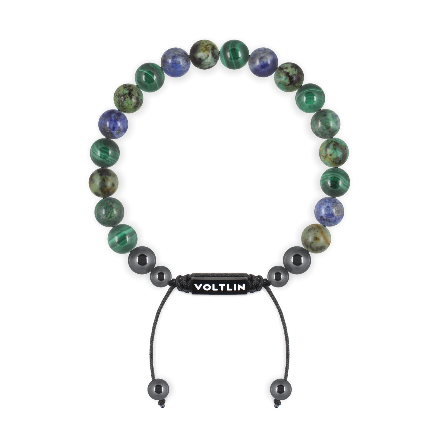 Front view of an 8mm Capricorn Zodiac crystal beaded shamballa bracelet with black stainless steel logo bead made by Voltlin