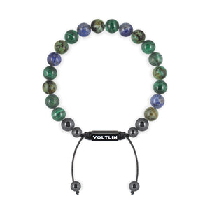 Top view of an 8mm Capricorn Zodiac crystal beaded shamballa bracelet with black stainless steel logo bead made by Voltlin