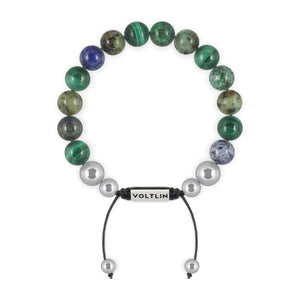 Top view of a 10mm Capricorn Zodiac beaded shamballa bracelet featuring Malachite, African Turquoise, & Azurite crystal and silver stainless steel logo bead made by Voltlin