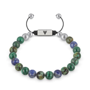 Front view of an 8mm Capricorn Zodiac beaded shamballa bracelet featuring Malachite, African Turquoise, & Azurite crystal and silver stainless steel logo bead made by Voltlin