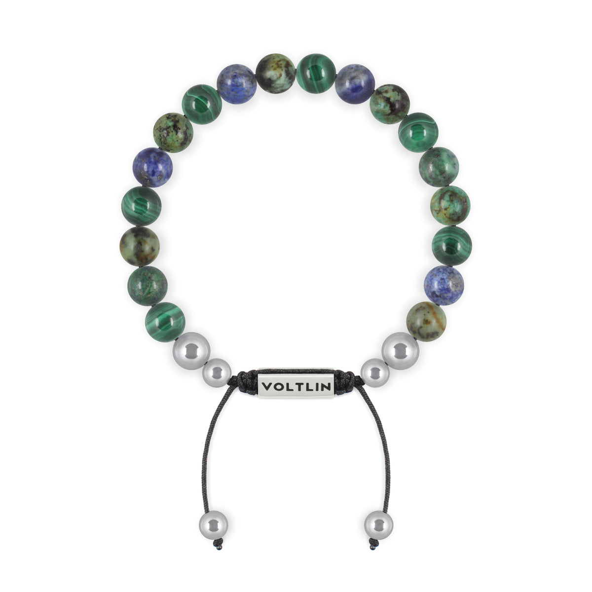 Top view of an 8mm Capricorn Zodiac beaded shamballa bracelet featuring Malachite, African Turquoise, & Azurite crystal and silver stainless steel logo bead made by Voltlin