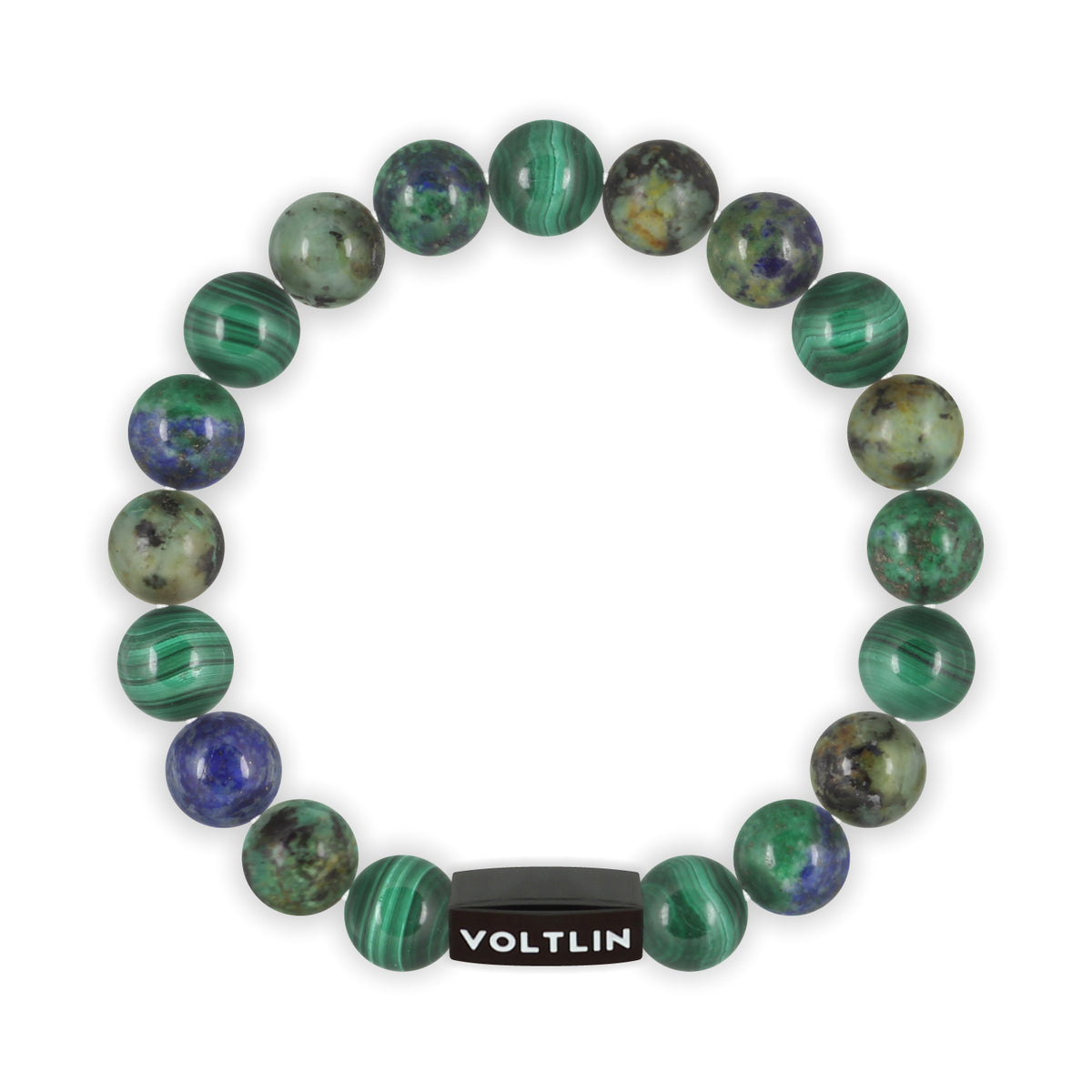 Top view of a 10mm Capricorn Zodiac crystal beaded stretch bracelet with black stainless steel logo bead made by Voltlin