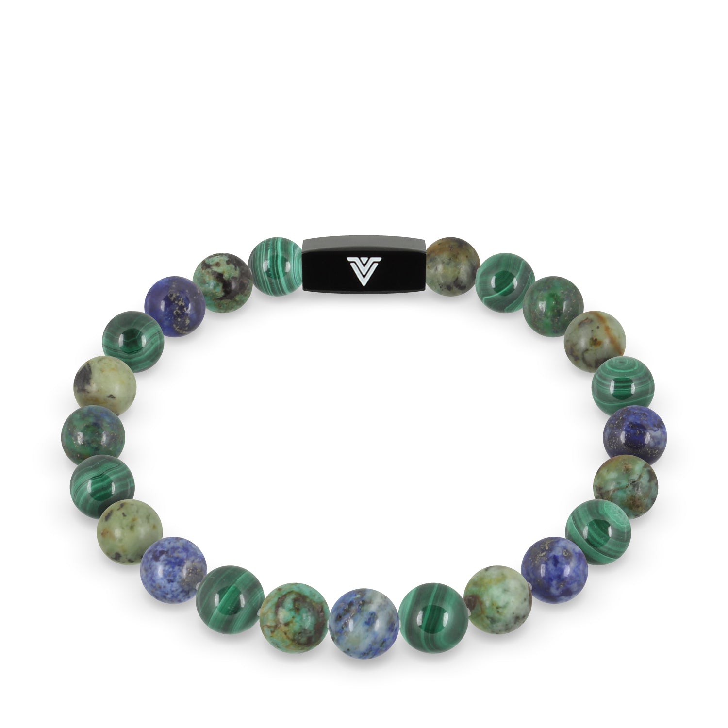 Front view of an 8mm Capricorn Zodiac crystal beaded stretch bracelet with black stainless steel logo bead made by Voltlin
