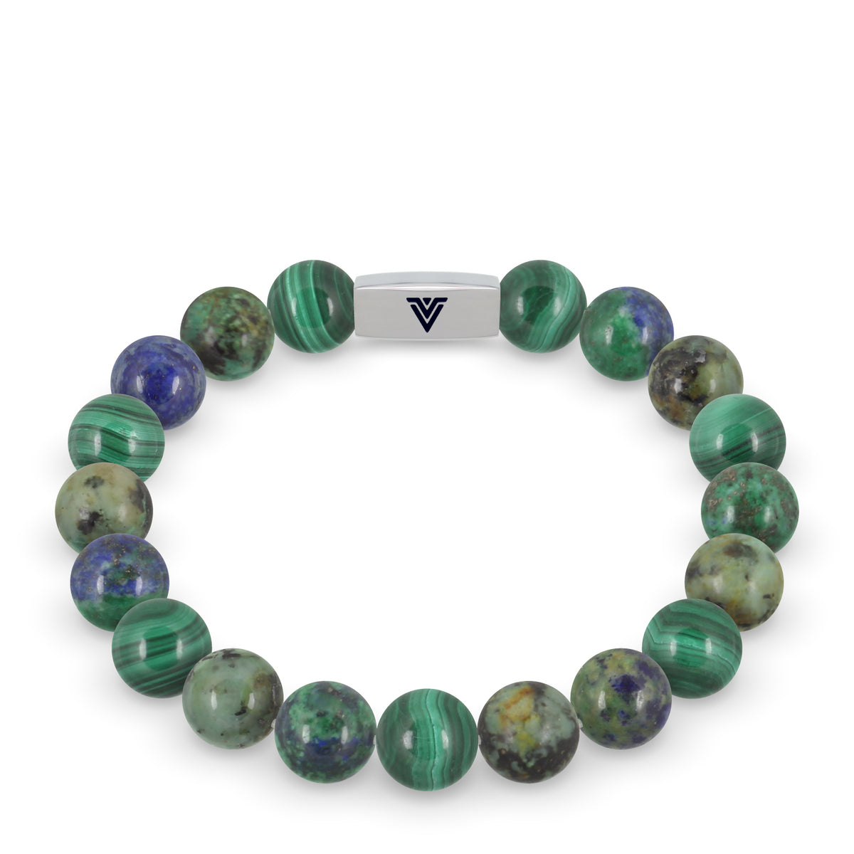Front view of a 10mm Capricorn Zodiac beaded stretch bracelet featuring Malachite, African Turquoise, & Azurite crystal and silver stainless steel logo bead made by Voltlin