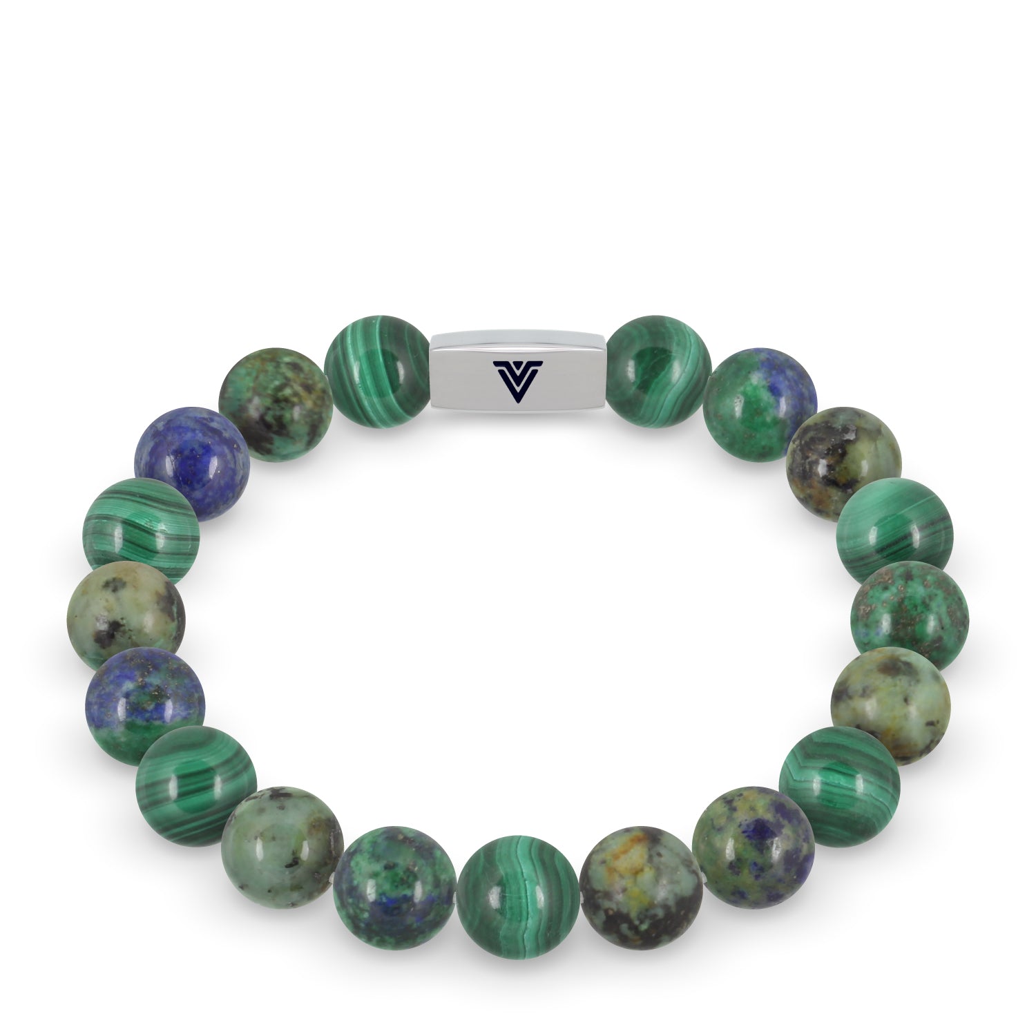 Front view of a 10mm Capricorn Zodiac beaded stretch bracelet featuring Malachite, African Turquoise, & Azurite crystal and silver stainless steel logo bead made by Voltlin