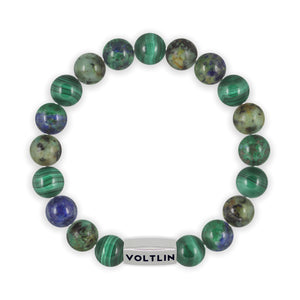Top view of a 10mm Capricorn Zodiac beaded stretch bracelet featuring Malachite, African Turquoise, & Azurite crystal and silver stainless steel logo bead made by Voltlin