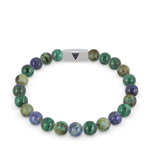 Front view of an 8mm Capricorn Zodiac beaded stretch bracelet featuring Malachite, African Turquoise, & Azurite crystal and silver stainless steel logo bead made by Voltlin