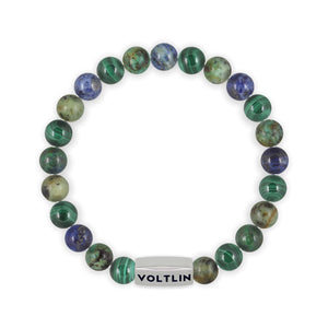 Top view of an 8mm Capricorn Zodiac beaded stretch bracelet featuring Malachite, African Turquoise, & Azurite crystal and silver stainless steel logo bead made by Voltlin