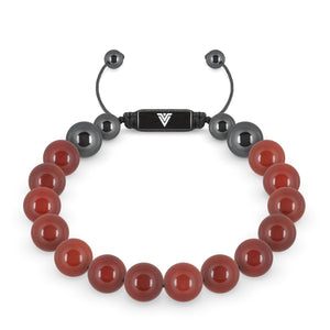 Front view of a 10mm Carnelian crystal beaded shamballa bracelet with black stainless steel logo bead made by Voltlin