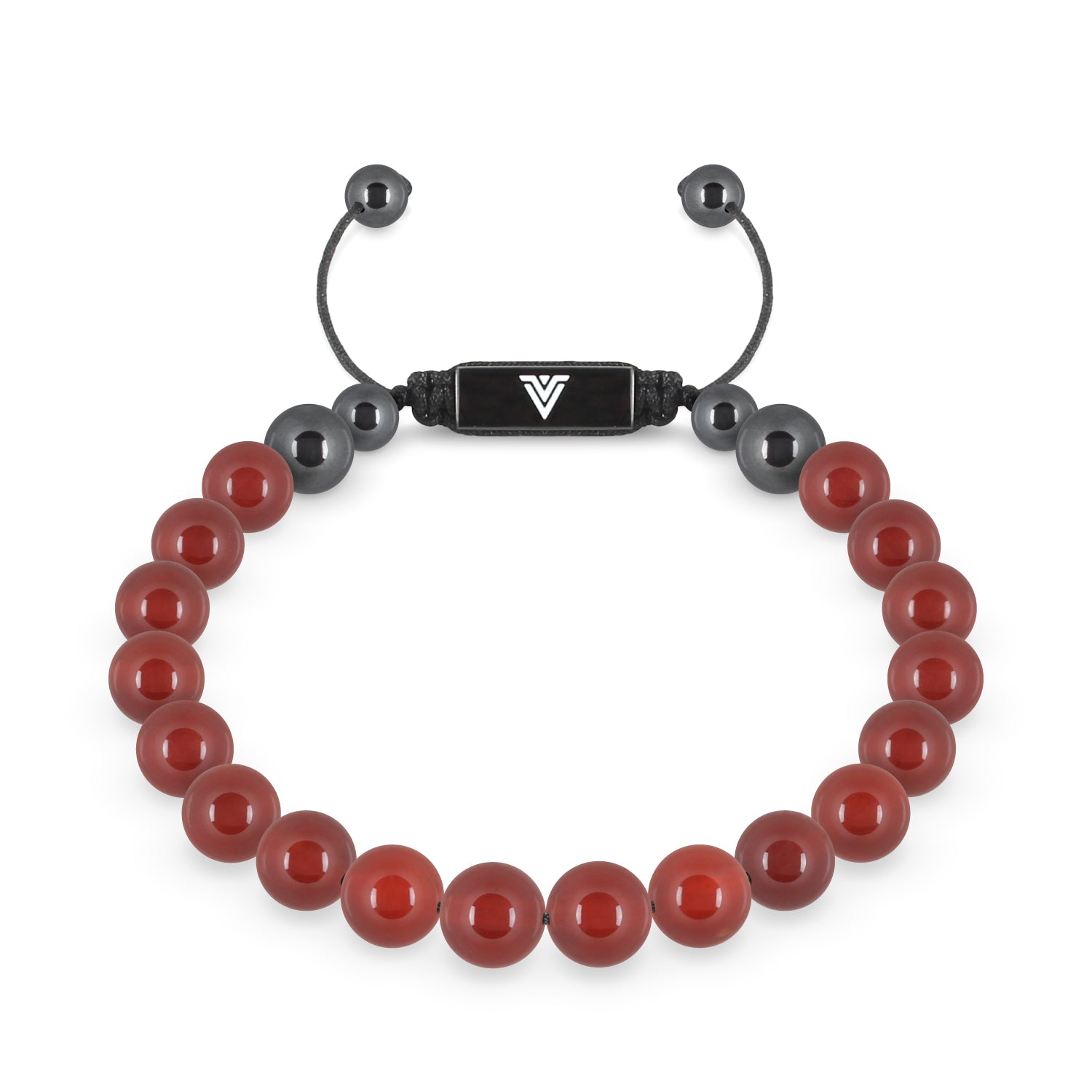 Front view of an 8mm Carnelian crystal beaded shamballa bracelet with black stainless steel logo bead made by Voltlin