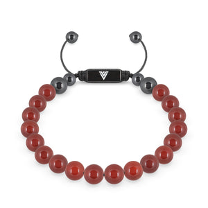Front view of an 8mm Carnelian crystal beaded shamballa bracelet with black stainless steel logo bead made by Voltlin