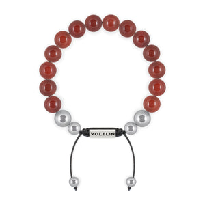 Top view of a 10mm Carnelian beaded shamballa bracelet with silver stainless steel logo bead made by Voltlin