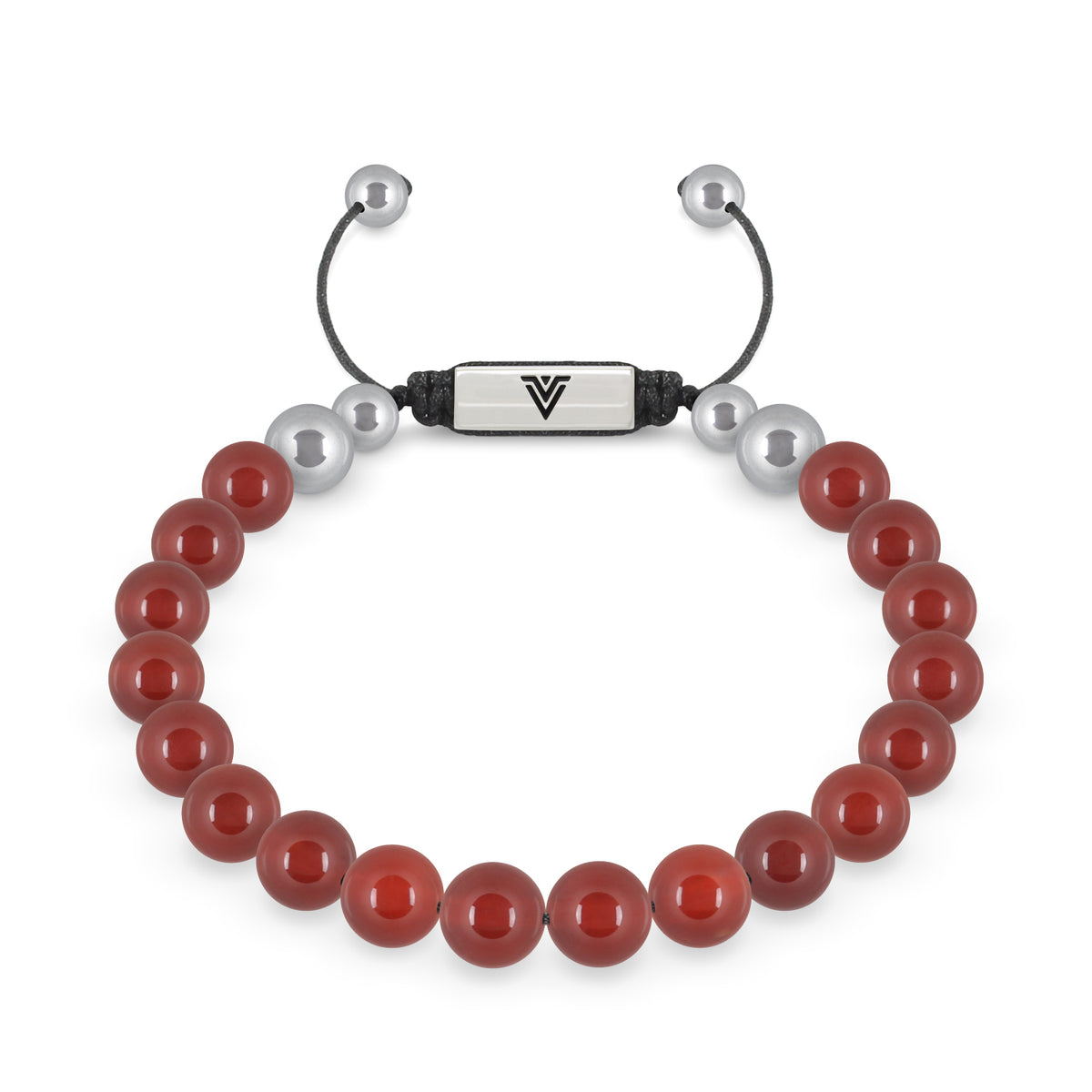 Front view of an 8mm Carnelian beaded shamballa bracelet with silver stainless steel logo bead made by Voltlin