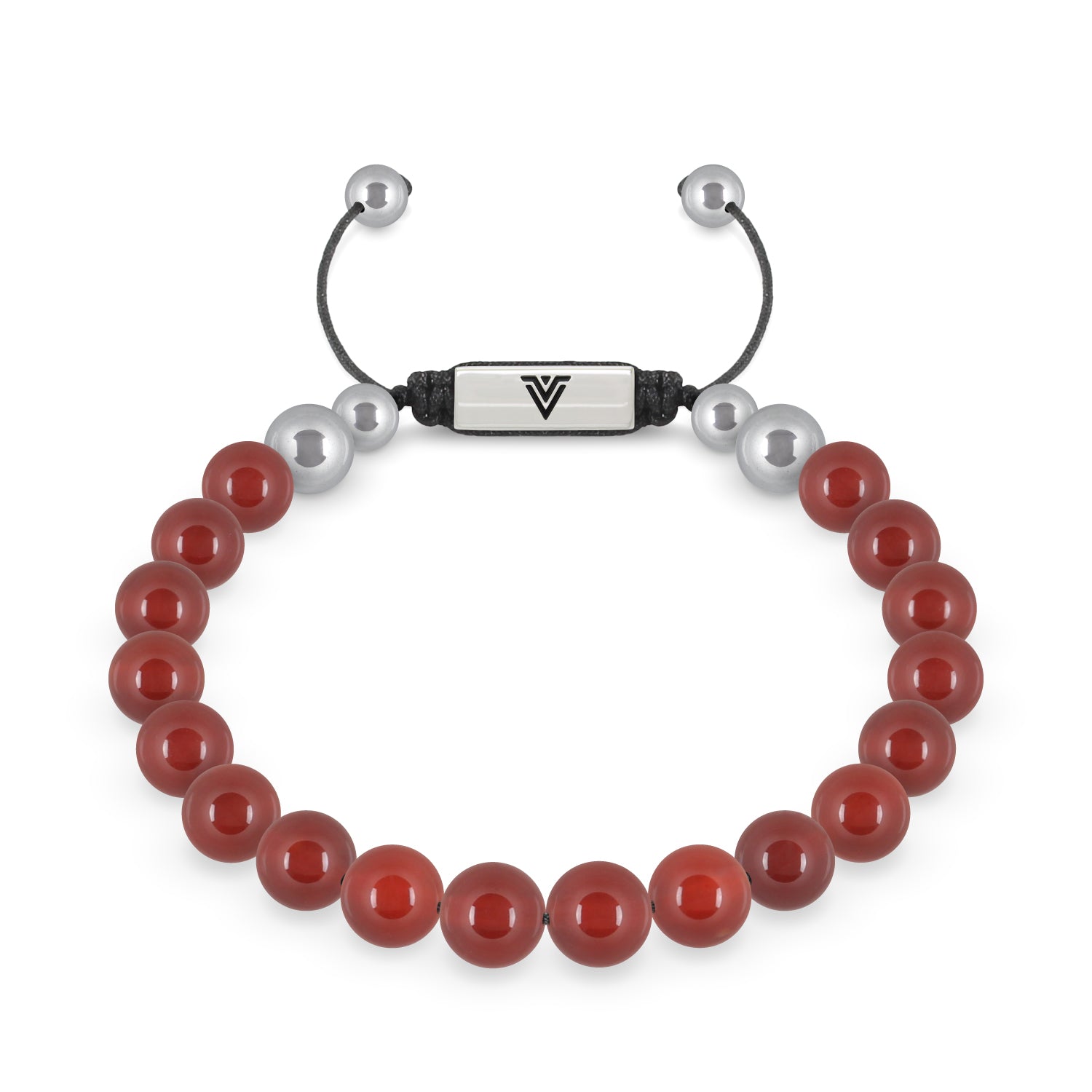 Front view of an 8mm Carnelian beaded shamballa bracelet with silver stainless steel logo bead made by Voltlin
