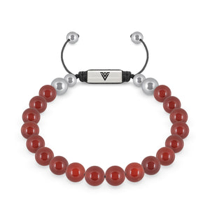 Front view of an 8mm Carnelian beaded shamballa bracelet with silver stainless steel logo bead made by Voltlin