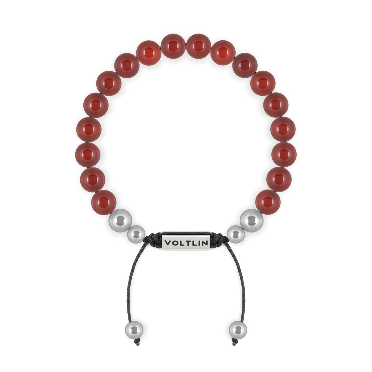 Top view of an 8mm Carnelian beaded shamballa bracelet with silver stainless steel logo bead made by Voltlin
