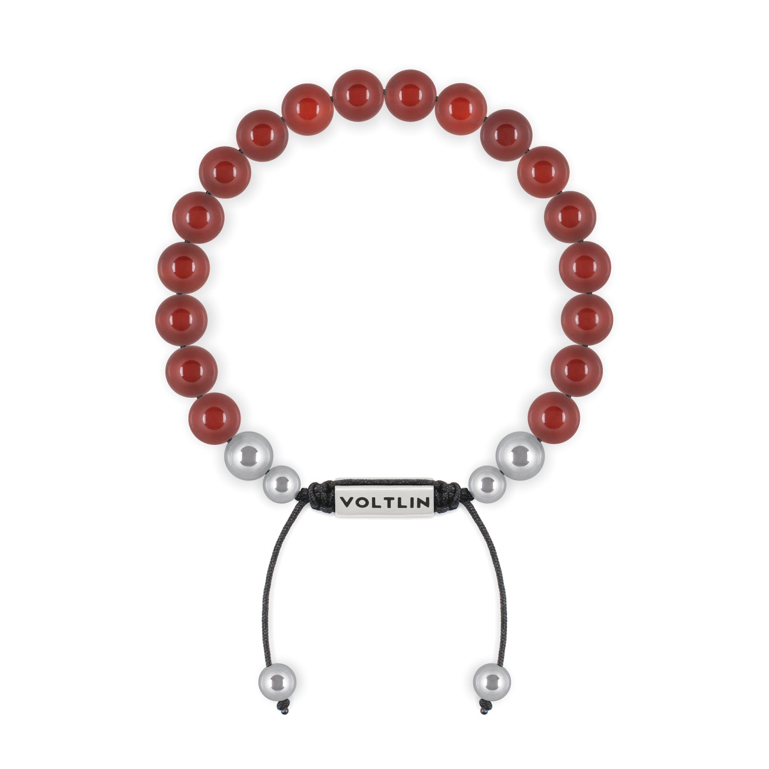 Top view of an 8mm Carnelian beaded shamballa bracelet with silver stainless steel logo bead made by Voltlin