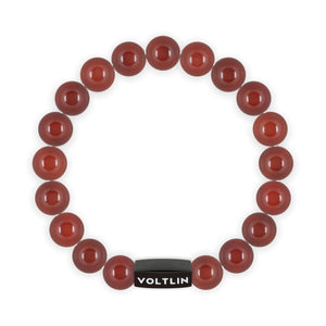 Top view of a 10mm Carnelian crystal beaded stretch bracelet with black stainless steel logo bead made by Voltlin