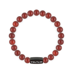 Top view of an 8mm Carnelian Zodiac crystal beaded stretch bracelet with black stainless steel logo bead made by Voltlin