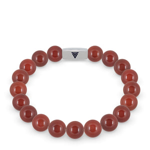 Front view of a 10mm Carnelian beaded stretch bracelet with silver stainless steel logo bead made by Voltlin