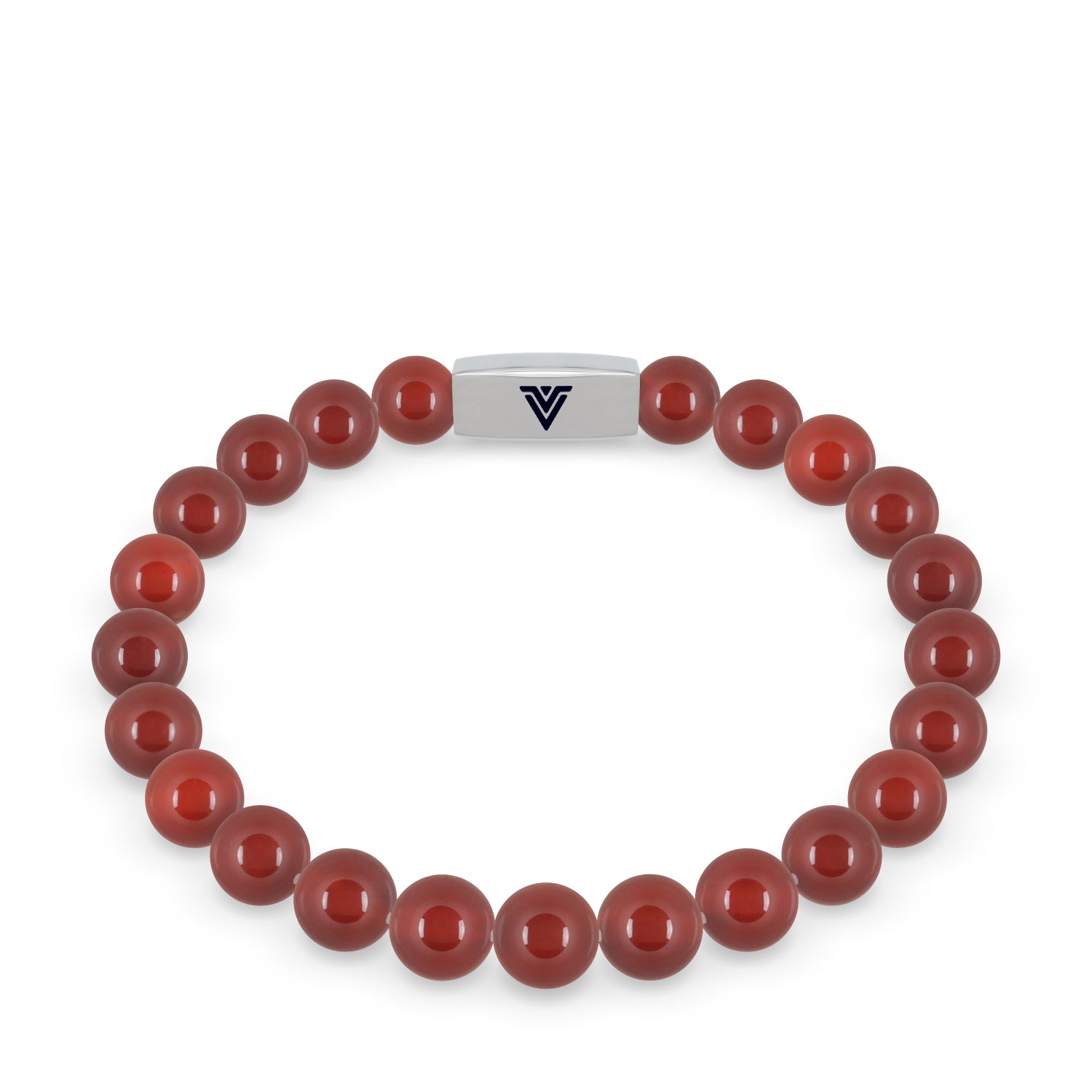 Front view of an 8mm Carnelian beaded stretch bracelet with silver stainless steel logo bead made by Voltlin