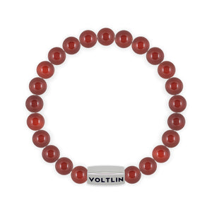 Top view of an 8mm Carnelian beaded stretch bracelet with silver stainless steel logo bead made by Voltlin