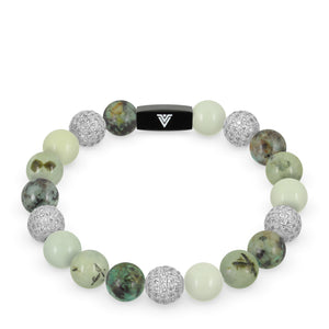 Front view of a 10 mm Celadon Sirius beaded stretch bracelet featuring African Turquoise, Silver Pave, Jade, & Prehnite crystal and black stainless steel logo bead made by Voltlin