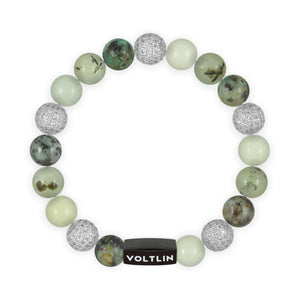 Top view of a 10 mm Celadon Sirius beaded stretch bracelet featuring African Turquoise, Silver Pave, Jade, & Prehnite crystal and black stainless steel logo bead made by Voltlin