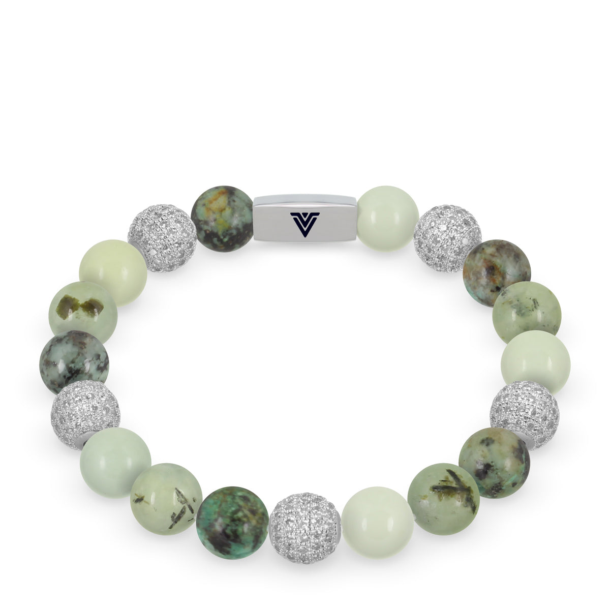 Front view of a 10mm Celadon Sirius beaded stretch bracelet featuring African Turquoise, Silver Pave, Jade, & Prehnite crystal and silver stainless steel logo bead made by Voltlin