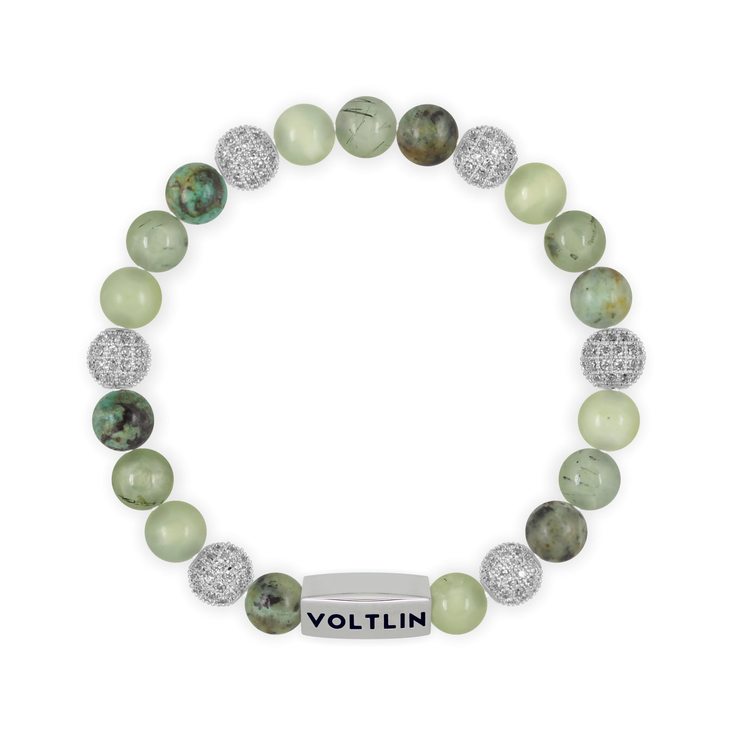 Front view of an 8mm Celadon Sirius beaded stretch bracelet featuring African Turquoise, Silver Pave, Jade, & Prehnite crystal and silver stainless steel logo bead made by Voltlin