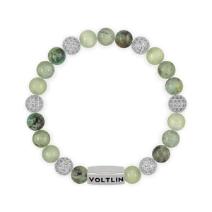 Top view of an 8mm Celadon Sirius beaded stretch bracelet featuring African Turquoise, Silver Pave, Jade, & Prehnite crystal and silver stainless steel logo bead made by Voltlin