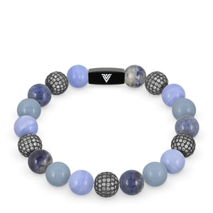 Front view of a 10 mm Cerulean Sirius beaded stretch bracelet featuring Blue Lace Agate, Steel Pave, Dumortierite, & Angelite crystal and black stainless steel logo bead made by Voltlin
