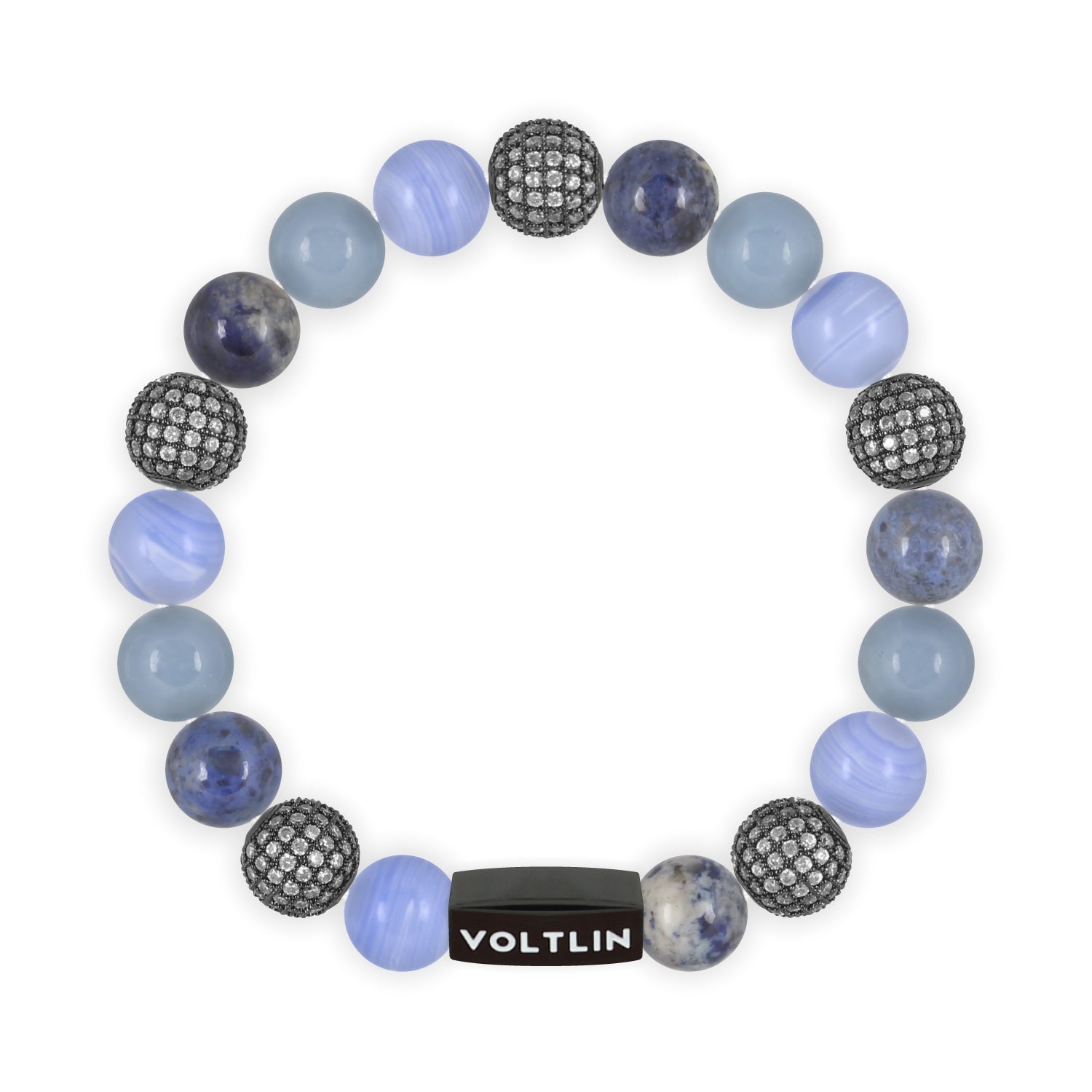 Top view of a 10 mm Cerulean Sirius beaded stretch bracelet featuring Blue Lace Agate, Steel Pave, Dumortierite, & Angelite crystal and black stainless steel logo bead made by Voltlin