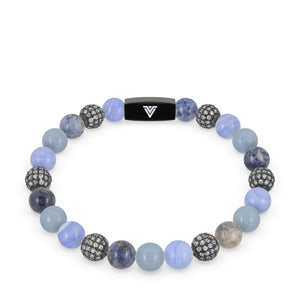 Front view of an 8mm Cerulean Sirius beaded stretch bracelet featuring Blue Lace Agate, Steel Pave, Dumortierite, & Angelite crystal and black stainless steel logo bead made by Voltlin