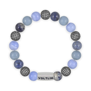 Top view of a 10mm Cerulean Sirius beaded stretch bracelet featuring Blue Lace Agate, Steel Pave, Dumortierite, & Angelite crystal and silver stainless steel logo bead made by Voltlin